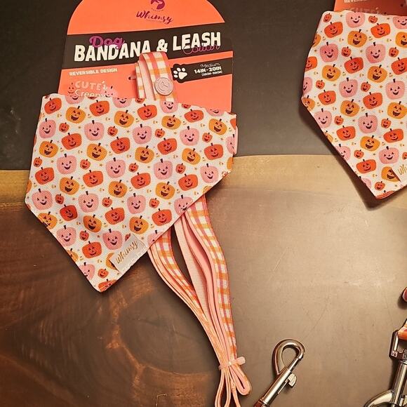 Dog Collar with matching Bandana & Leash Set Pink And Orange Gingham W/ Pumpkins - Picture 1 of 2